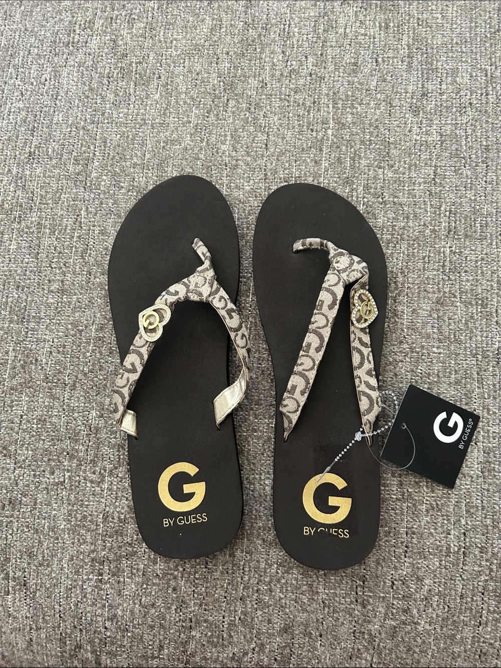 G by Guess Black Flip Flop Sandals with Beige Logo Straps